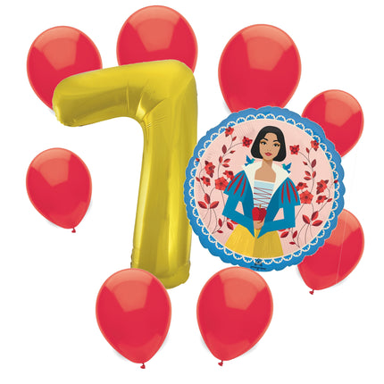 Snow White 7th birthday set main: number 7 foil, themed foil and 8 matching latex balloons