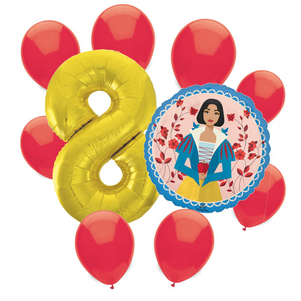 Snow White 8th birthday set main: number 8 foil, themed foil and 8 matching latex balloons