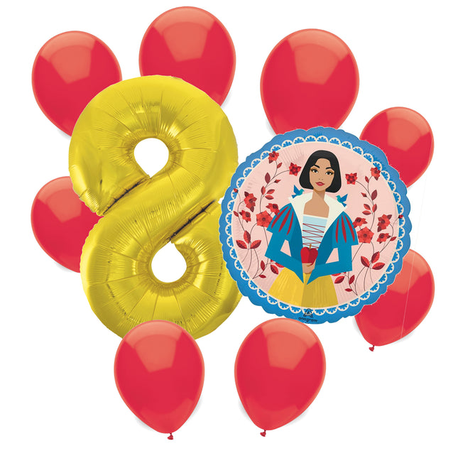 Snow White 8th birthday set main: number 8 foil, themed foil and 8 matching latex balloons