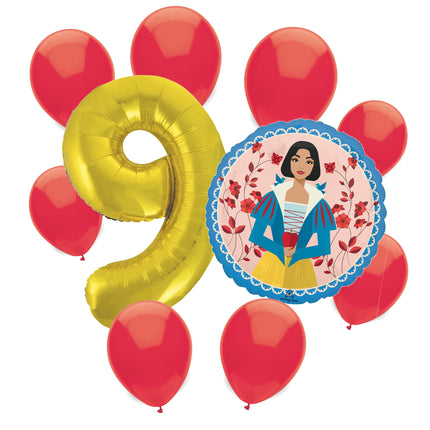 Snow White 9th birthday set main: number 9 foil, themed foil and 8 matching latex balloons