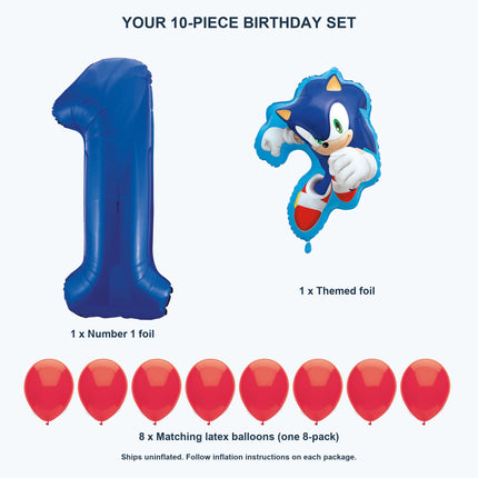 Contents of Sonic first birthday set: number 1 foil, Sonic foil and 8 red latex balloons