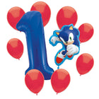 Sonic 1st birthday balloon set with blue number 1, shaped Sonic foil and 8 red latex balloons