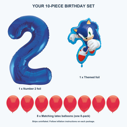 Sonic the Hedgehog 2nd birthday set contents: number 2 foil, themed foil and 8 matching latex balloons