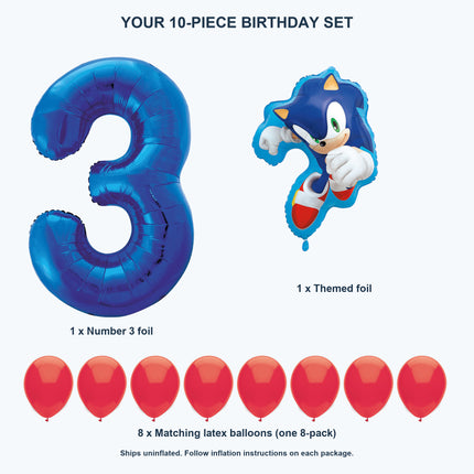 Sonic the Hedgehog 3rd birthday set contents: number 3 foil, themed foil and 8 matching latex balloons