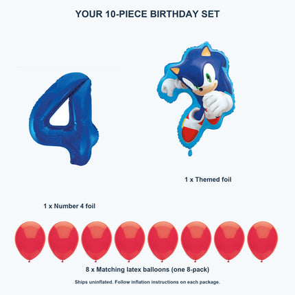 Sonic the Hedgehog 4th birthday set contents: number 4 foil, themed foil and 8 matching latex balloons