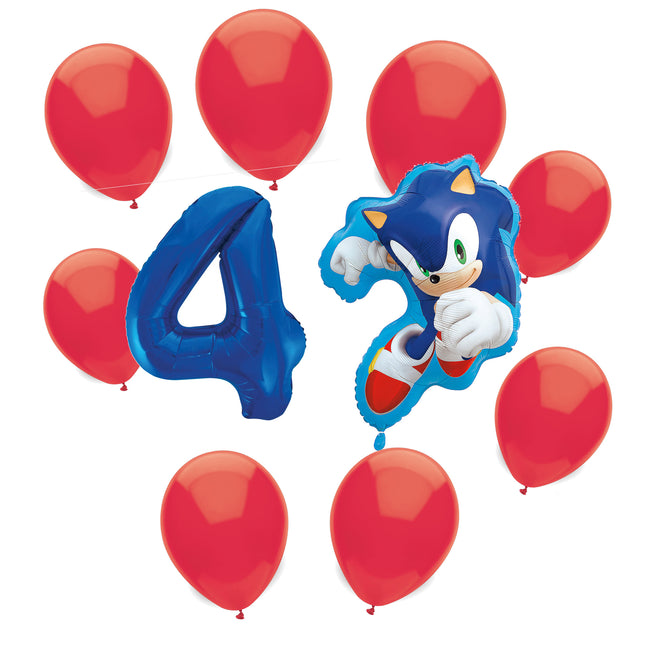 Sonic the Hedgehog 4th birthday set main: number 4 foil, themed foil and 8 matching latex balloons