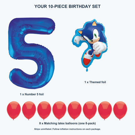 Sonic the Hedgehog 5th birthday set contents: number 5 foil, themed foil and 8 matching latex balloons