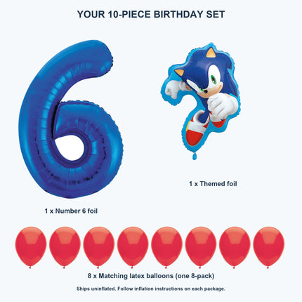 Sonic the Hedgehog 6th birthday set contents: number 6 foil, themed foil and 8 matching latex balloons