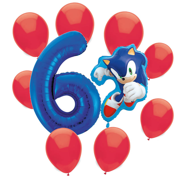 Sonic the Hedgehog 6th birthday set main: number 6 foil, themed foil and 8 matching latex balloons
