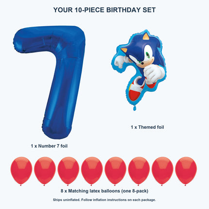 Sonic the Hedgehog 7th birthday set contents: number 7 foil, themed foil and 8 matching latex balloons