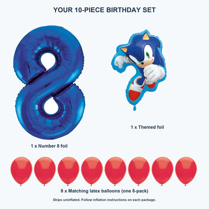 Sonic the Hedgehog 8th birthday set contents: number 8 foil, themed foil and 8 matching latex balloons