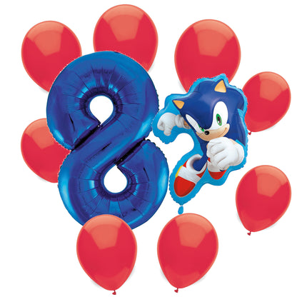 Sonic the Hedgehog 8th birthday set main: number 8 foil, themed foil and 8 matching latex balloons