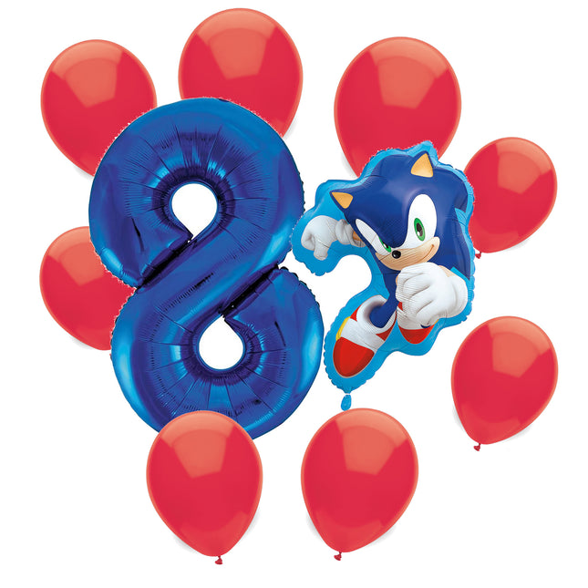 Sonic the Hedgehog 8th birthday set main: number 8 foil, themed foil and 8 matching latex balloons