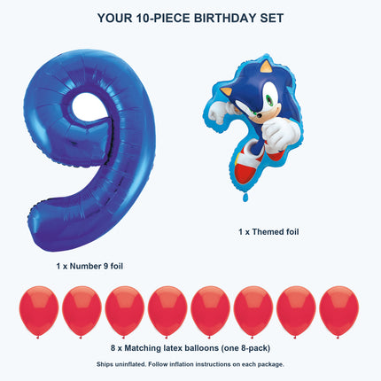 Sonic the Hedgehog 9th birthday set contents: number 9 foil, themed foil and 8 matching latex balloons