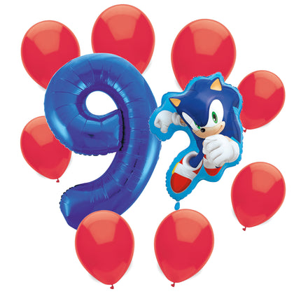 Sonic the Hedgehog 9th birthday set main: number 9 foil, themed foil and 8 matching latex balloons
