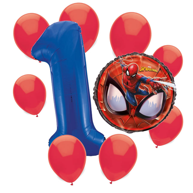 Spider-Man 1st birthday set main: number 1 foil, themed foil and 8 matching latex balloons