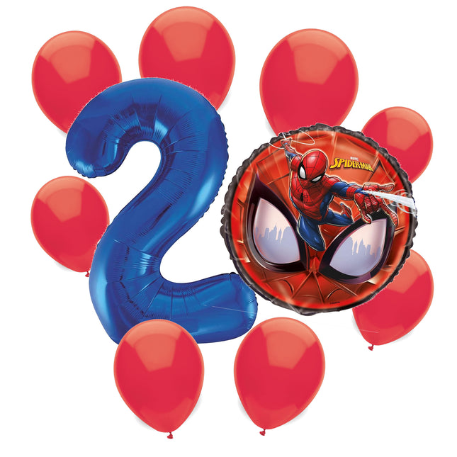 Spider-Man 2nd birthday set main: number 2 foil, themed foil and 8 matching latex balloons