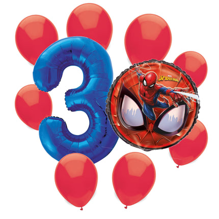 Spider-Man 3rd birthday set main: number 3 foil, themed foil and 8 matching latex balloons