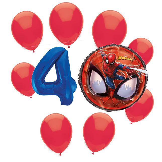 Spider-Man 4th birthday set main: number 4 foil, themed foil and 8 matching latex balloons