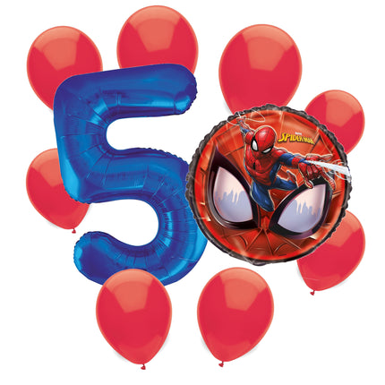 Spider-Man 5th birthday set main: number 5 foil, themed foil and 8 matching latex balloons
