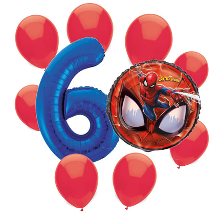 Spider-Man 6th birthday set main: number 6 foil, themed foil and 8 matching latex balloons