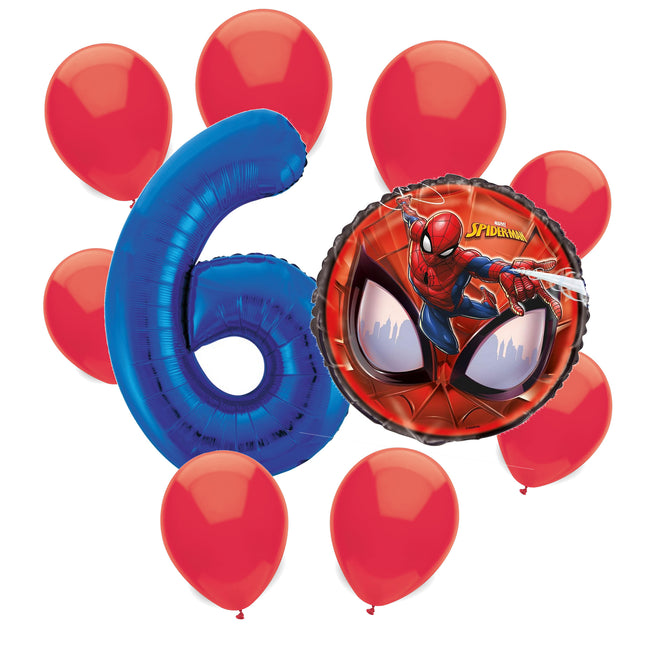 Spider-Man 6th birthday set main: number 6 foil, themed foil and 8 matching latex balloons