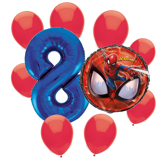 Spider-Man 8th birthday set main: number 8 foil, themed foil and 8 matching latex balloons