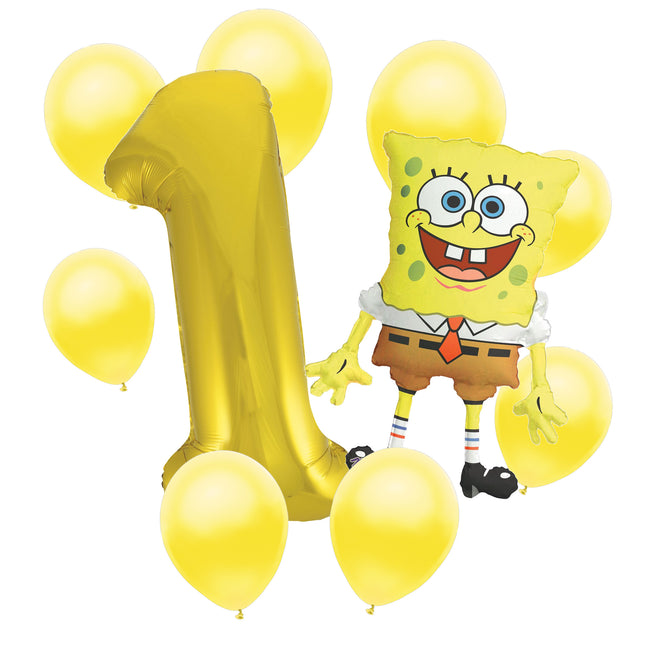 SpongeBob 1st birthday set main: number 1 foil, themed foil and 8 matching latex balloons