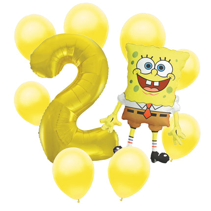 SpongeBob 2nd birthday set main: number 2 foil, themed foil and 8 matching latex balloons
