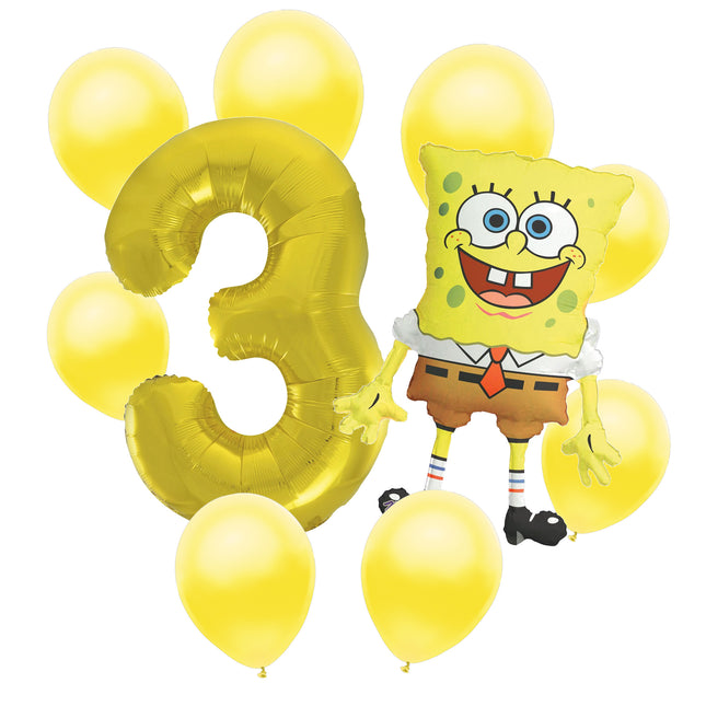 SpongeBob 3rd birthday set main: number 3 foil, themed foil and 8 matching latex balloons
