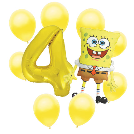 SpongeBob 4th birthday set main: number 4 foil, themed foil and 8 matching latex balloons