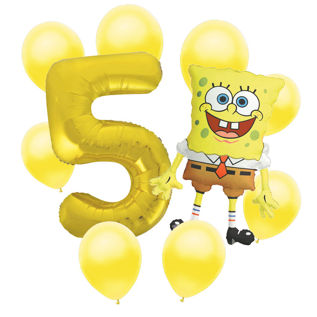 SpongeBob 5th birthday set main: number 5 foil, themed foil and 8 matching latex balloons
