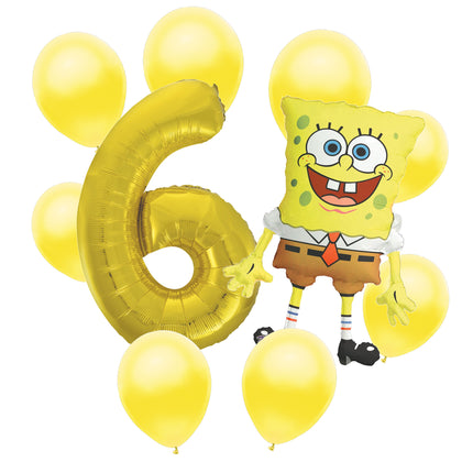 SpongeBob 6th birthday set main: number 6 foil, themed foil and 8 matching latex balloons