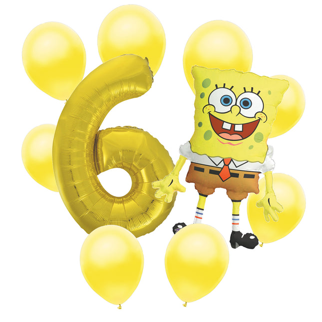 SpongeBob 6th birthday set main: number 6 foil, themed foil and 8 matching latex balloons
