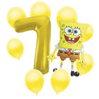 SpongeBob 7th birthday set main: number 7 foil, themed foil and 8 matching latex balloons