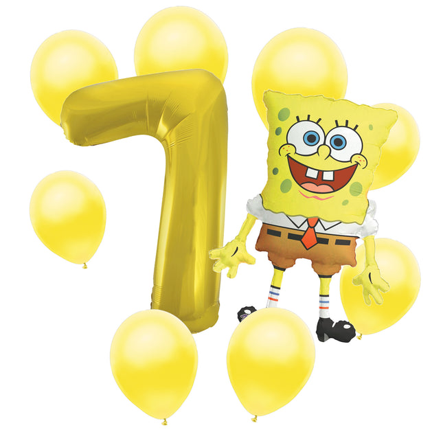 SpongeBob 7th birthday set main: number 7 foil, themed foil and 8 matching latex balloons