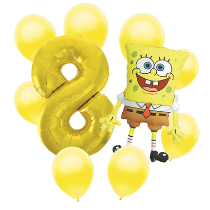 SpongeBob 8th birthday set main: number 8 foil, themed foil and 8 matching latex balloons