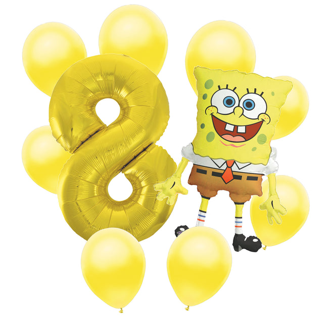 SpongeBob 8th birthday set main: number 8 foil, themed foil and 8 matching latex balloons