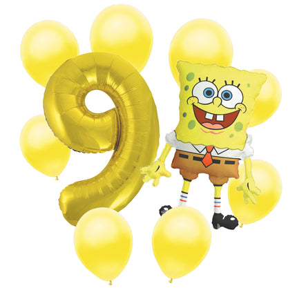 SpongeBob 9th birthday set main: number 9 foil, themed foil and 8 matching latex balloons