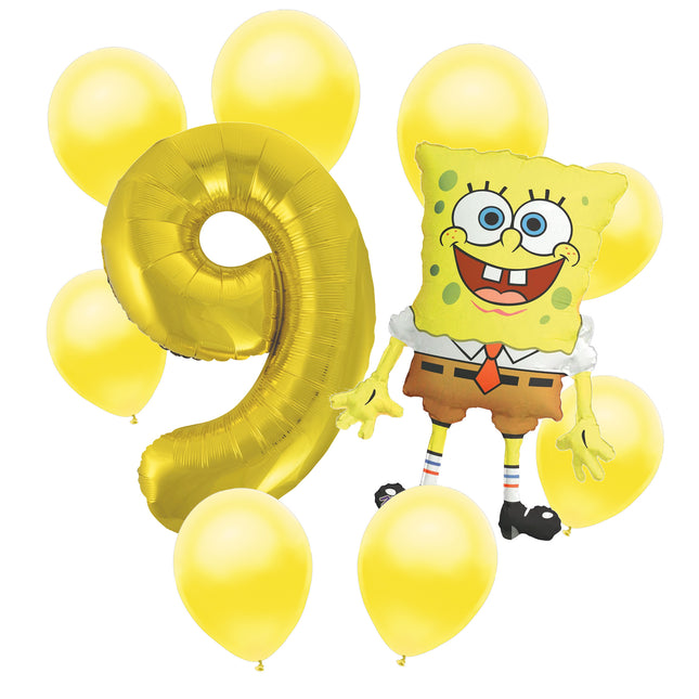 SpongeBob 9th birthday set main: number 9 foil, themed foil and 8 matching latex balloons