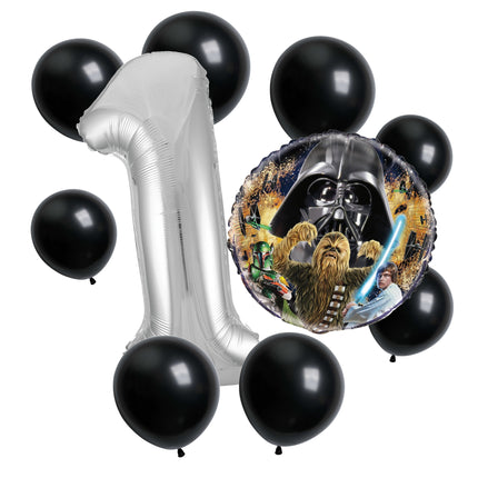 Star Wars 1st birthday set main: number 1 foil, themed foil and 8 matching latex balloons