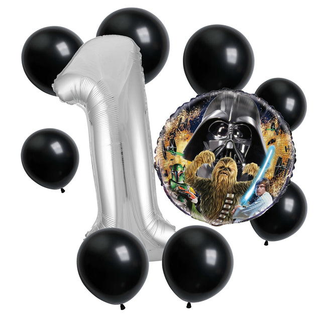 Star Wars 1st birthday set main: number 1 foil, themed foil and 8 matching latex balloons