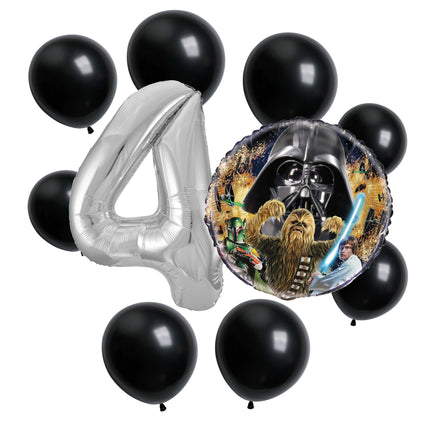 Star Wars 4th birthday set main: number 4 foil, themed foil and 8 matching latex balloons