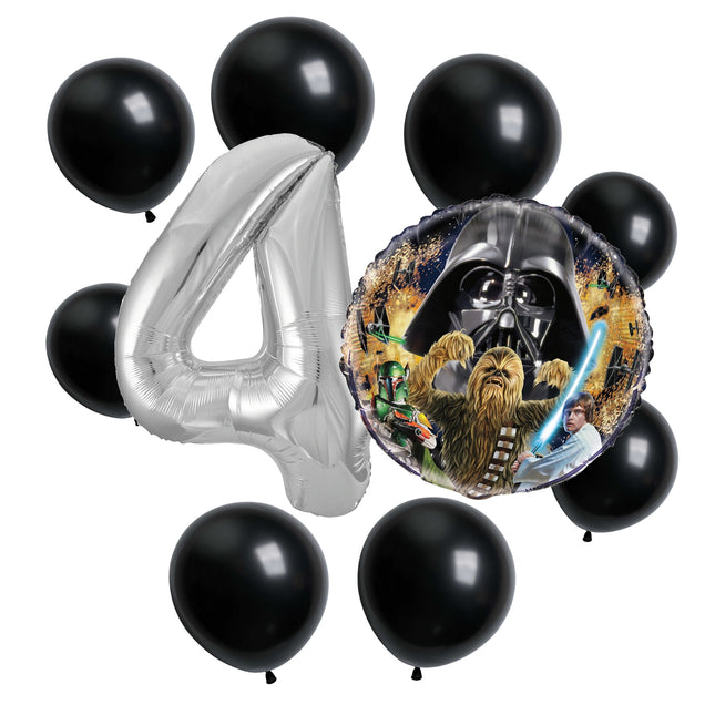 Star Wars 4th birthday set main: number 4 foil, themed foil and 8 matching latex balloons