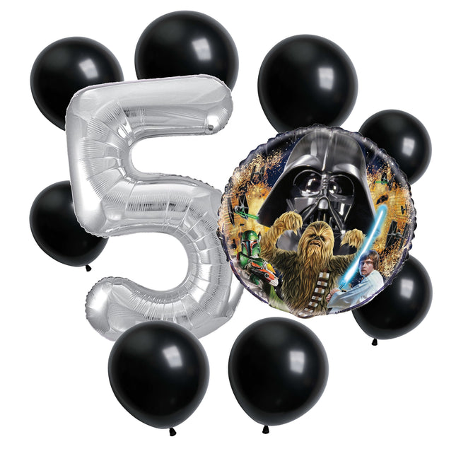 Star Wars 5th birthday set main: number 5 foil, themed foil and 8 matching latex balloons