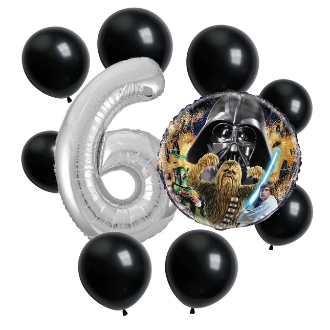 Star Wars 6th birthday set main: number 6 foil, themed foil and 8 matching latex balloons