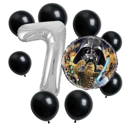 Star Wars 7th birthday set main: number 7 foil, themed foil and 8 matching latex balloons