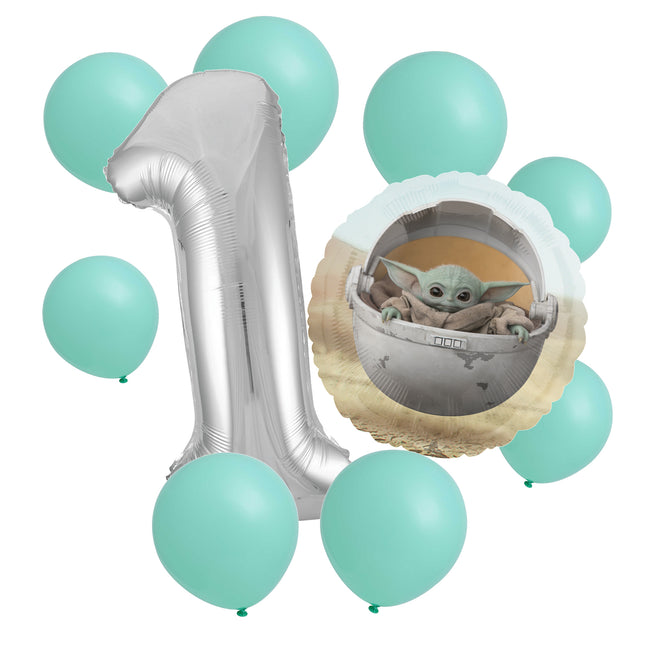 Star Wars Grogu 1st birthday set main: number 1 foil, themed foil and 8 matching latex balloons