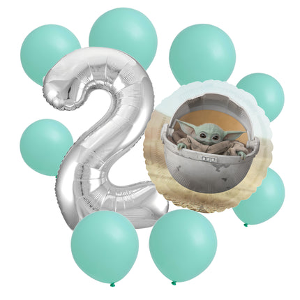 Star Wars Grogu 2nd birthday set main: number 2 foil, themed foil and 8 matching latex balloons