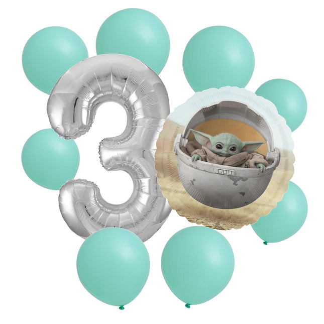Star Wars Grogu 3rd birthday set main: number 3 foil, themed foil and 8 matching latex balloons